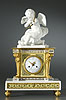 A rare and very beautiful Directoire gilt bronze mounted porcelain and white marble mantle clock, signed on the reverse of the base Manufacture du duc d’ Angoulême